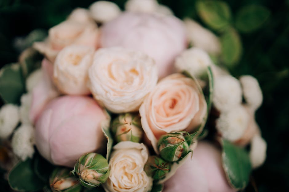A close-up of a floral arrangement featuring pale pink and cream ranunculus flowers with tightly layered petals, surrounded by small white blossoms and green foliage. Some of the flowers are in bud fo