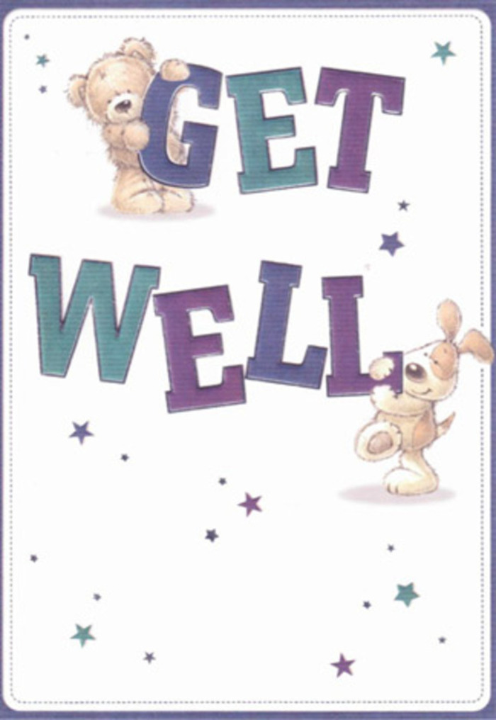 This get well card, as imagined from Norbury's heart, weaves together artistry and compassion with an endearing touch. Two beloved characters-a soft, round bear and a floppy-eared little pup-are the centerpiece, their poses brimming with innate kindness. The bear's gentle, plush body leans into the bold letters of 'GET,' shaded with the regal purples that recall local spring irises, while the puppy's inquisitive expression and velvety ears anchor the word 'WELL,' rendered in vibrant teal and blue. Around them, cheerful stars scatter in a dreamy dance, sending wishes that hover like the first petals drifting across Norbury's Sycamore Grove in a friendly breeze. The typography feels alive, its exuberant, dimensional strokes leaping from the soft cream background-a design choice echoing the optimism that defines the community spirit. Textures are palpable: the bear's fluff, the puppy's silken coat, and the card's bright surface all blending in a bouquet of comfort and good cheer. The effect is as soothing as receiving a carefully composed arrangement of Norbury's freshest blooms from a local florist. Perfect for lifting someone's spirits, the card embodies the hope, warmth, and steadfast support so familiar to those who call Norbury home.